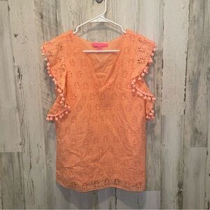 Lilly Pulitzer Palm Tree Eyelet Embroidered Ruffle Top -Coral size M